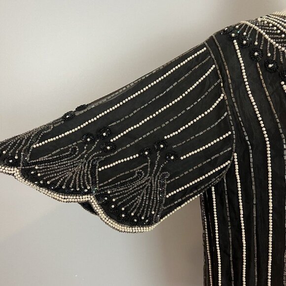 Vtg 80s Beaded Silk Blouse Silk Black White Stripe Small Boxy Oversized - Picture 5 of 11
